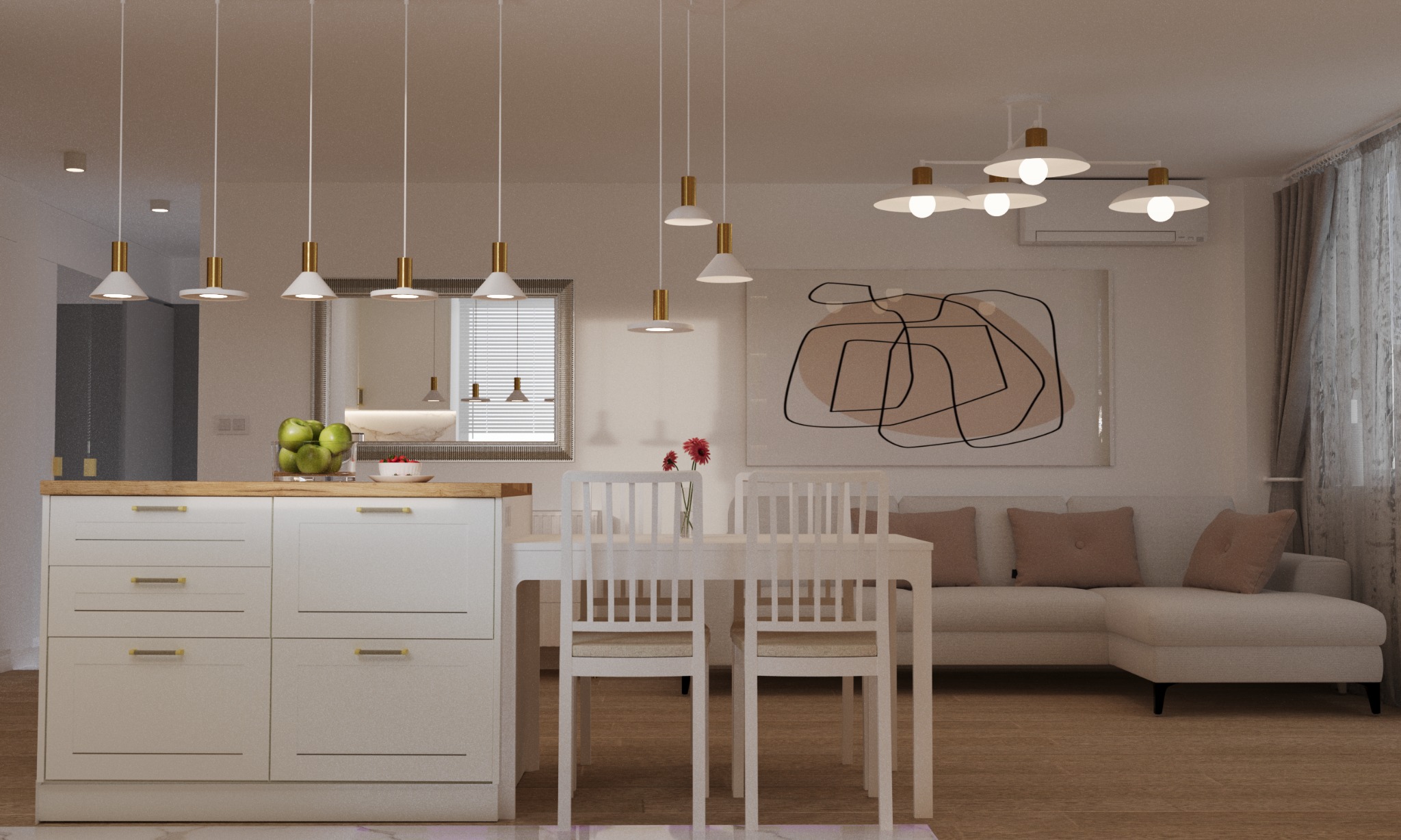 Nowoczesne wnętrze: biała kuchnia z drewnianym blatem, stół z krzesłami, minimalistyczny salon z sofą narożną i abstrakcyjnym obrazem, oświetlenie punktowe.