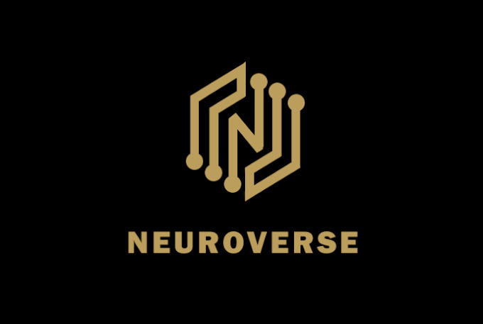 Złote logo Neuroverse na czarnym tle, przedstawiające literę N w formie układu scalonego z okrągłymi punktami połączeń.