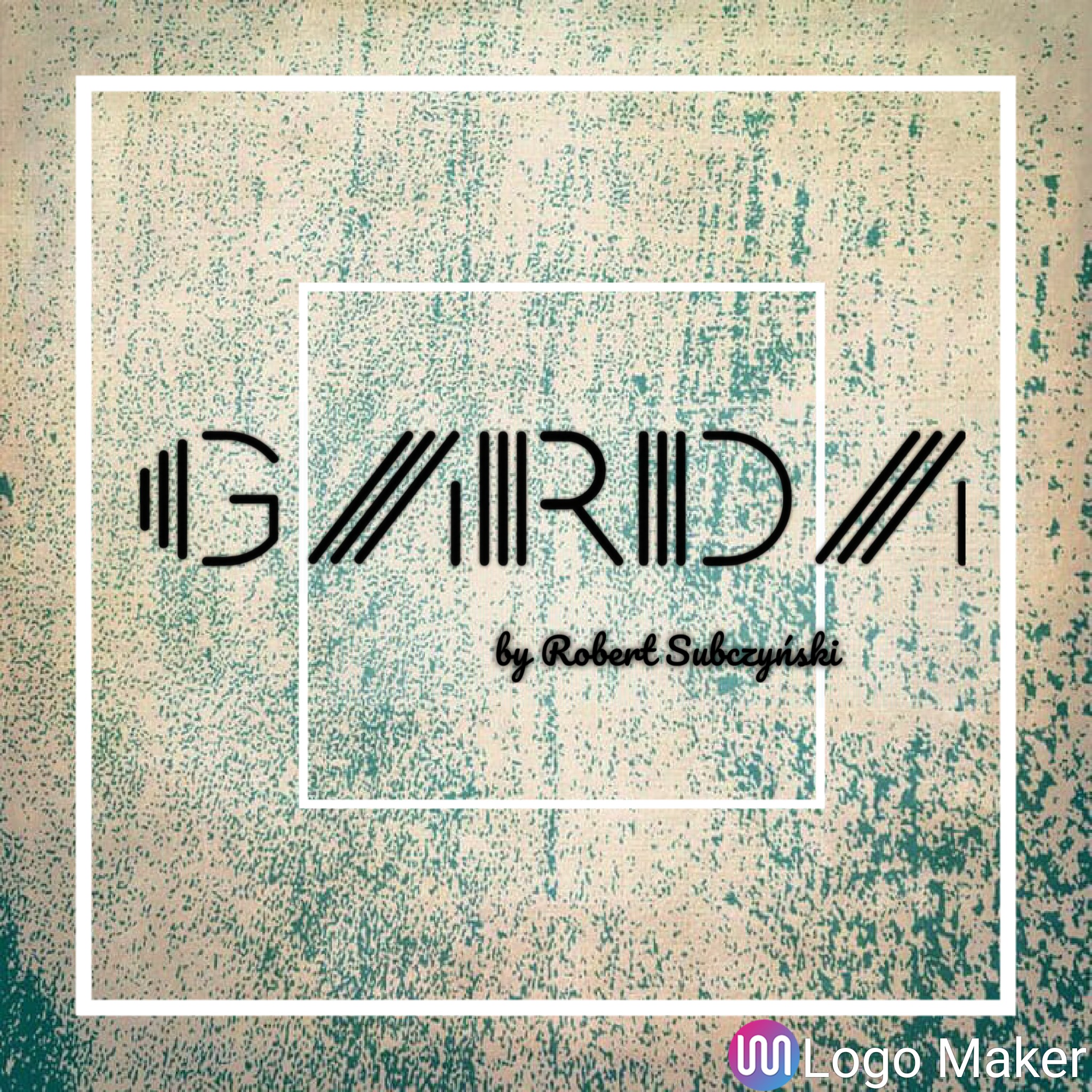 Grafika logo 'G/R/D' autorstwa Roberta Subczyńskiego na teksturowanym tle w odcieniach beżu i turkusu, otoczona białym kwadratem.