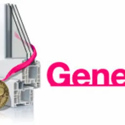 Przekrój okna PCV Geneo z różową wstążką i złotym medalem na białym tle.