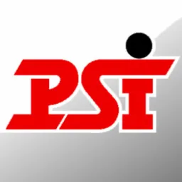 Czerwone logo PSI z czarną kropką nad literą 'I' na gradientowym szaro-białym tle.