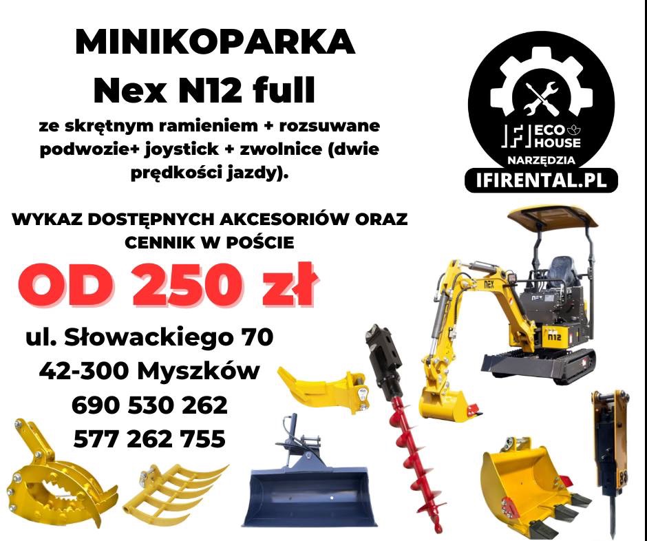 Minikoparka, dużo osprzętu