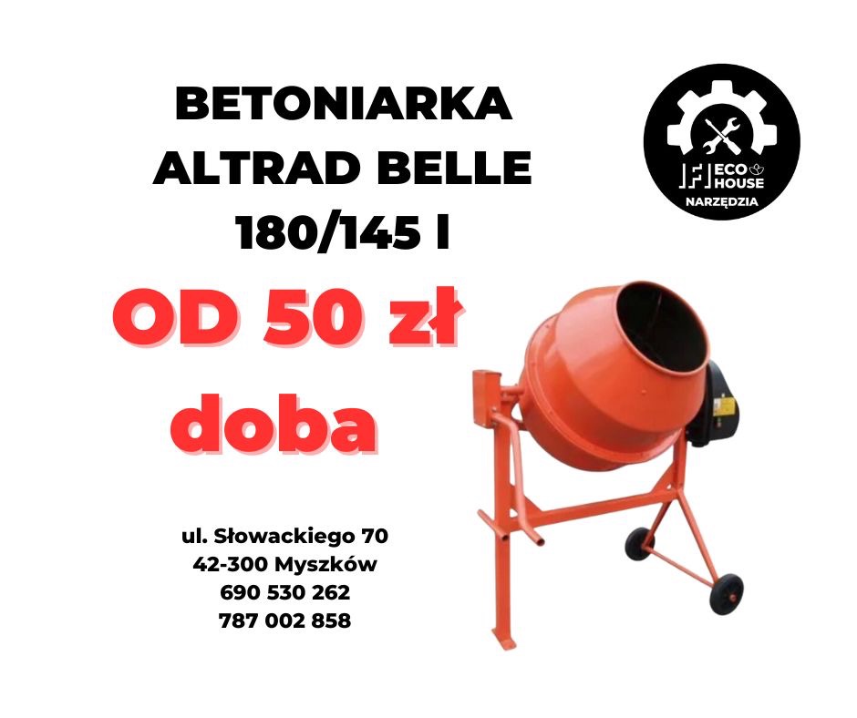 Pomarańczowa betoniarka Altrad Belle 180/145I na białym tle z informacją o cenie wynajmu i danymi kontaktowymi firmy.