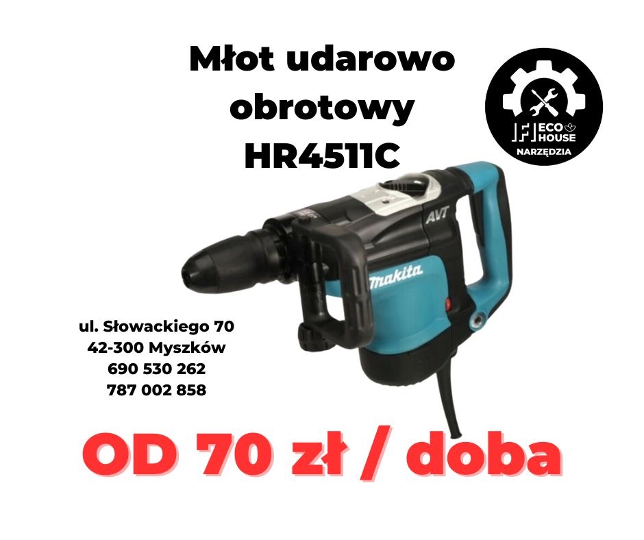 Młot udarowo-obrotowy Makita HR4511C, prezentowany na białym tle z informacją o cenie wynajmu za dobę oraz danymi kontaktowymi.