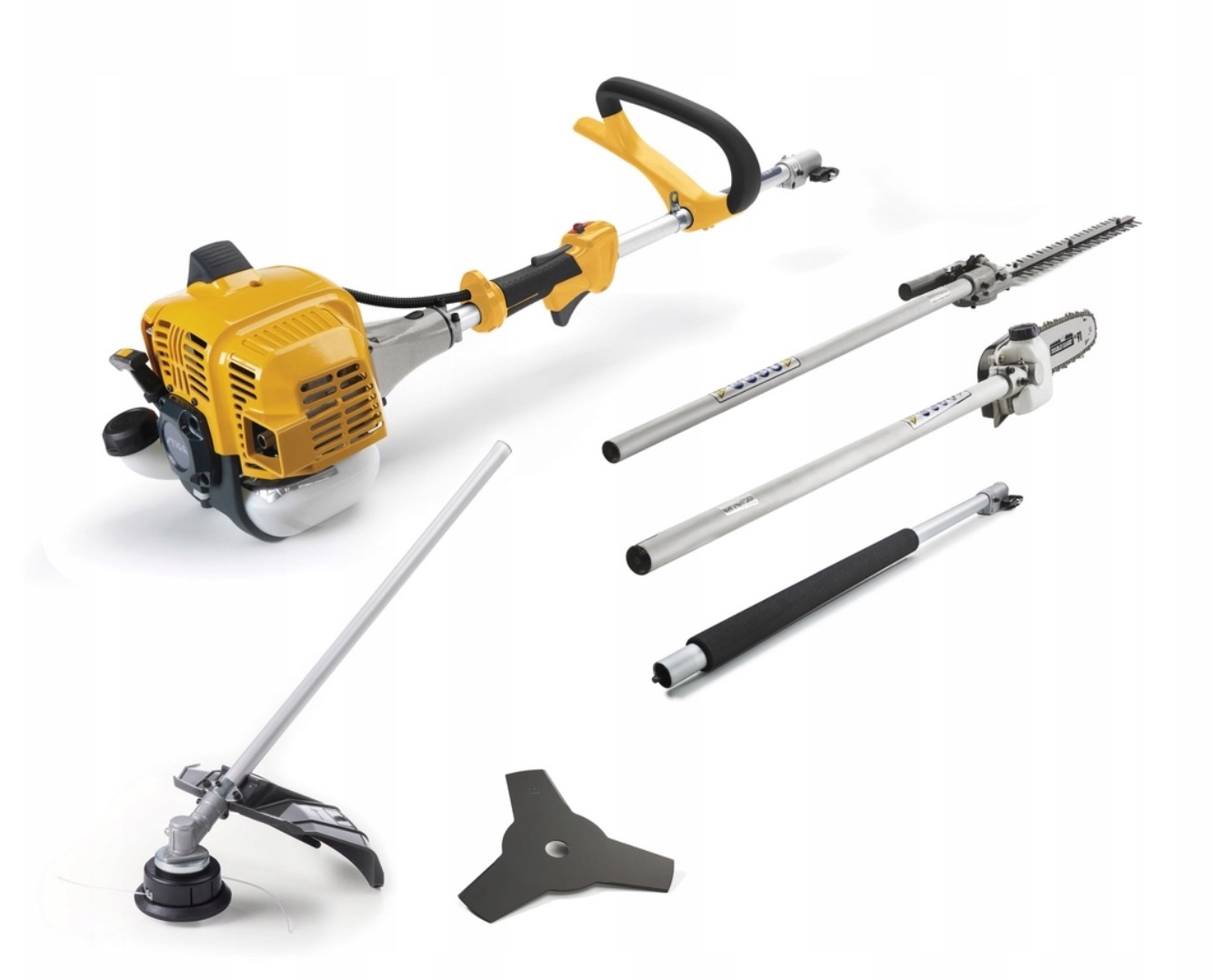 Zestaw narzędzi ogrodniczych wielofunkcyjnych: silnik spalinowy z żółtą obudową, głowica żyłkowa z osłoną, ostrze tnące, przedłużki oraz przystawka do cięcia żywopłotu i gałęzi, na białym tle.