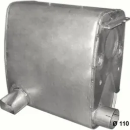 Szary, prostokątny tłumik do samochodu ciężarowego z widocznymi spawami, okrągłymi otworami i dwoma różnymi wylotami.