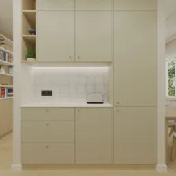 Jasna kuchnia z beżowymi szafkami, białymi płytkami i drewnianymi elementami. W tle stół jadalny i okno z widokiem na zieleń. Minimalistyczny design.