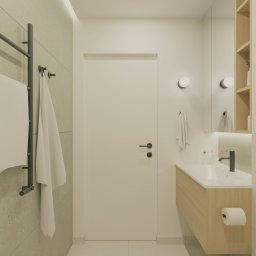 Poligon Design Tomasz Ciurka - Nowoczesna łazienka z beżowymi płytkami, grzejnikiem drabinkowym na ręczniki i drewnianą szafką pod umywalką. Minimalistyczny styl, stonowana kolorystyka.