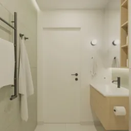 Nowoczesna łazienka z beżowymi płytkami, grzejnikiem drabinkowym na ręczniki i drewnianą szafką pod umywalką. Minimalistyczny styl, stonowana kolorystyka.