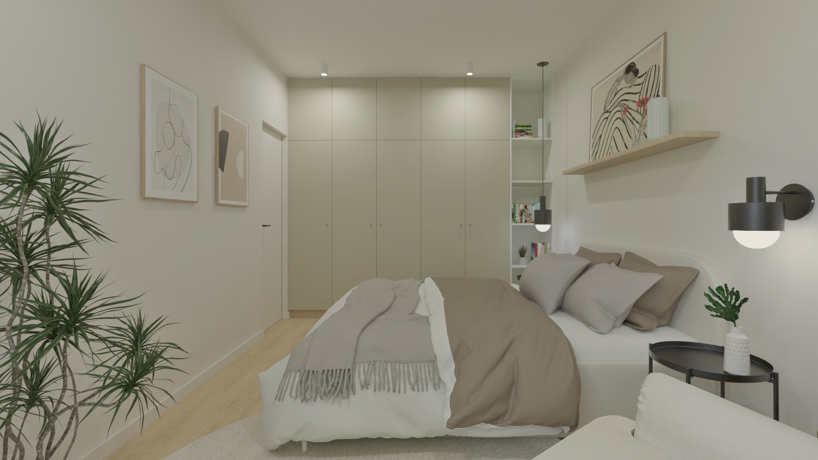 Jasna sypialnia z łóżkiem, szafą w zabudowie, minimalistycznymi obrazami na ścianie i rośliną doniczkową.