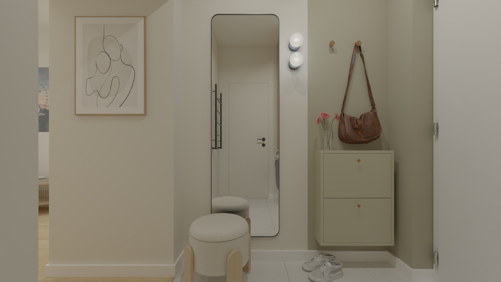 Nowoczesny przedpokój w neutralnych barwach z lustrem w czarnej ramie, pufą na drewnianych nóżkach, szafką na buty, torebką na wieszaku i minimalistycznym obrazem.