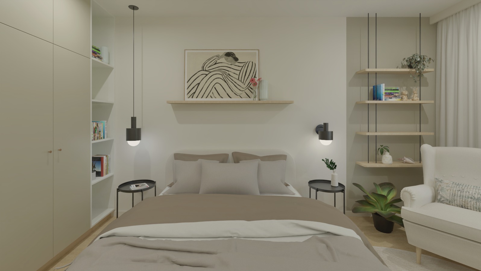 Neutralna sypialnia z łóżkiem w odcieniach beżu i szarości, minimalistyczne lampy wiszące, półki z dekoracjami i roślinami, obraz nad łóżkiem, fotel z poduszką.