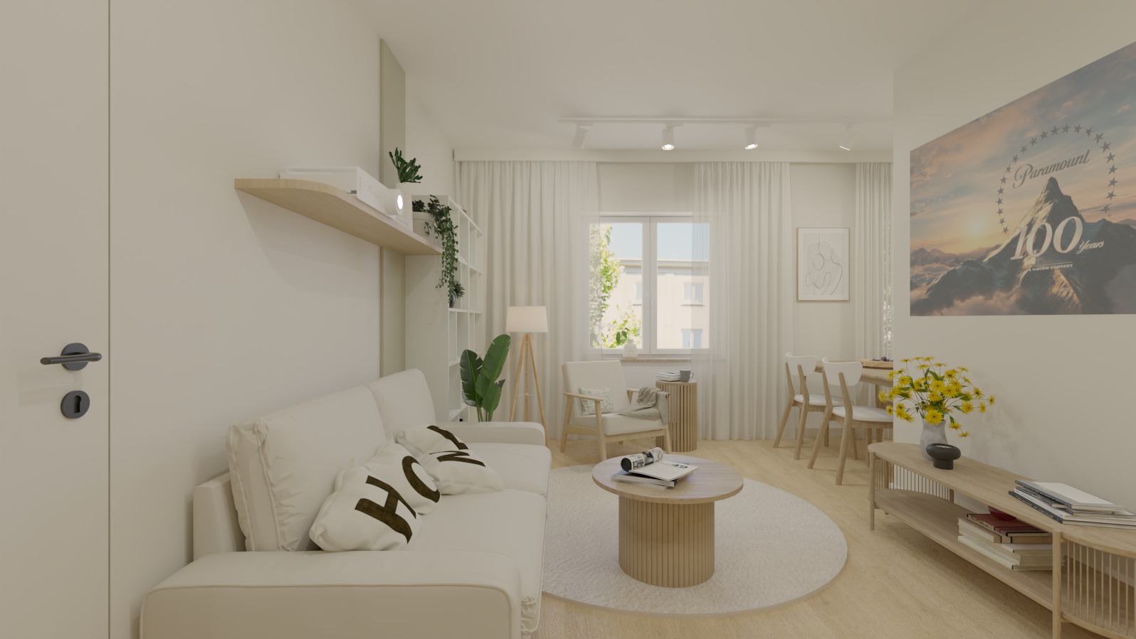 Jasne wnętrze salonu z sofą z poduszkami z napisem, okrągłym stolikiem kawowym i widokiem na jadalnię z żółtymi kwiatami w wazonie.