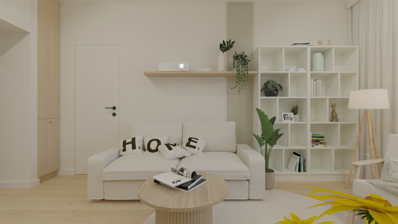 Jasne wnętrze salonu z białą sofą z poduszkami 'HOME', okrągłym stolikiem kawowym z magazynem, półką ścienną z projektorem i roślinami oraz regałem z dekoracjami.
