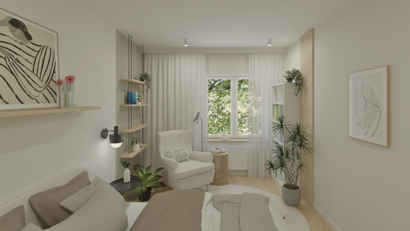 Jasna sypialnia z łóżkiem, fotelem i półkami, neutralna kolorystyka, minimalistyczne grafiki na ścianach, roślina doniczkowa i kwiaty w wazonie.