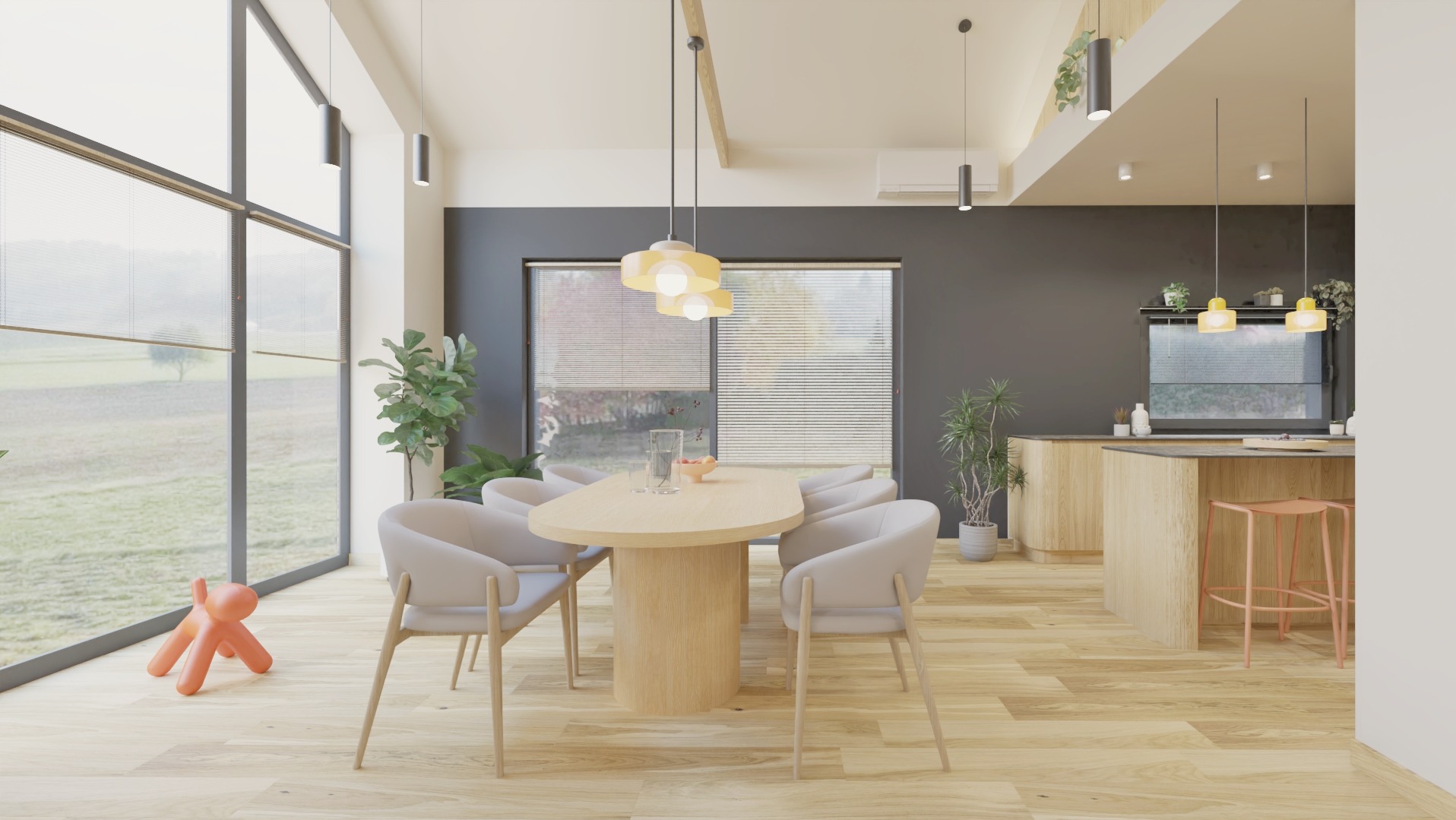 Jasne wnętrze z drewnianą podłogą, stołem i krzesłami w odcieniach beżu, z dużym oknem i widokiem na zieleń. Dekoracje roślinne i minimalistyczna lampa wisząca.