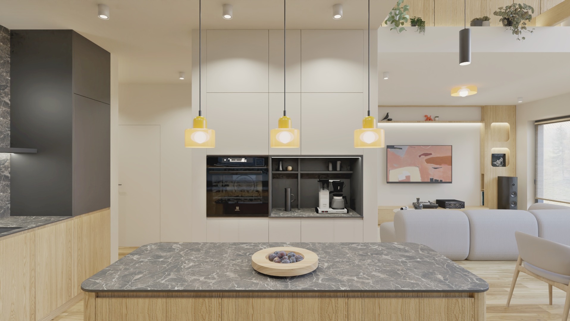 Nowoczesna kuchnia z wyspą i żółtymi lampami wiszącymi. Marmurowy blat, drewniane szafki, sprzęt AGD w zabudowie. W tle salon z sofą i telewizorem.