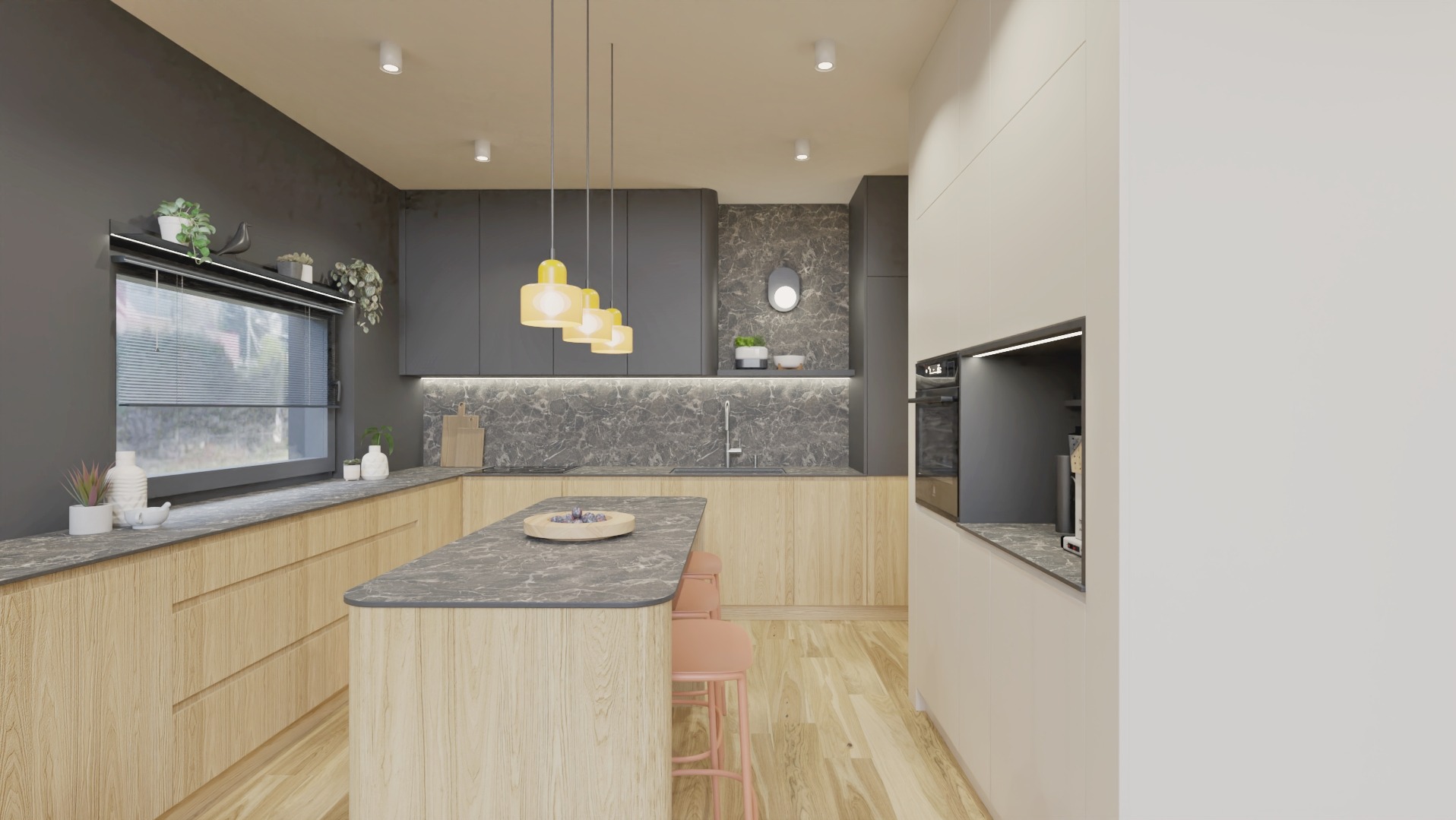 Wizualizacja nowoczesnej kuchni z drewnianymi frontami, szarymi szafkami i marmurowym blatem. Żółte lampy wiszące nad wyspą. Widok na okno z roślinami.