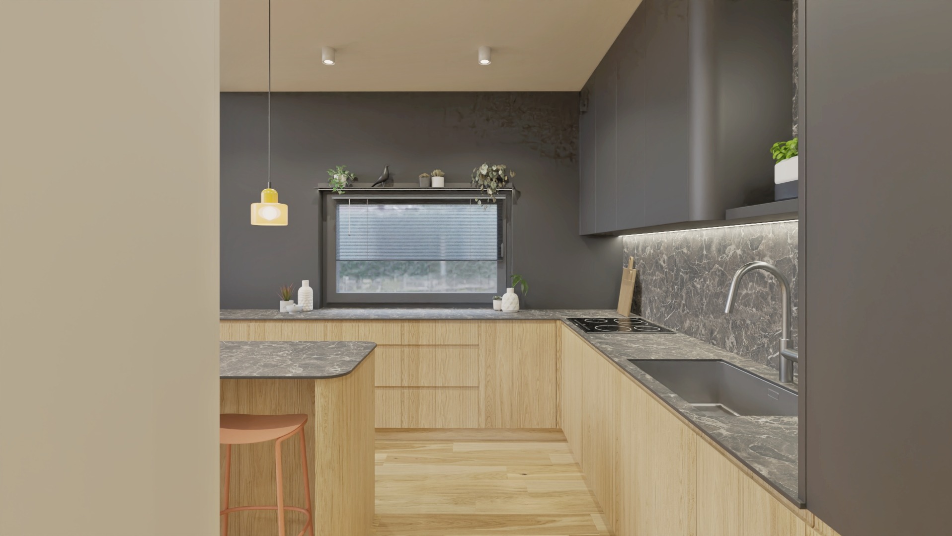Nowoczesna kuchnia z drewnianymi szafkami i blatem z szarego marmuru. Nad blatem okno z roletą i dekoracyjne rośliny. Żółta lampa wisząca dodaje akcentu kolorystycznego.