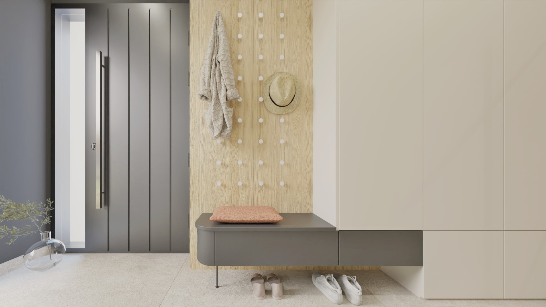Minimalistyczny przedpokój z szarą ławką, drewnianą ścianą z wieszakami, kapeluszem i płaszczem. Obok drzwi i szafa w jasnych odcieniach. Na podłodze buty.