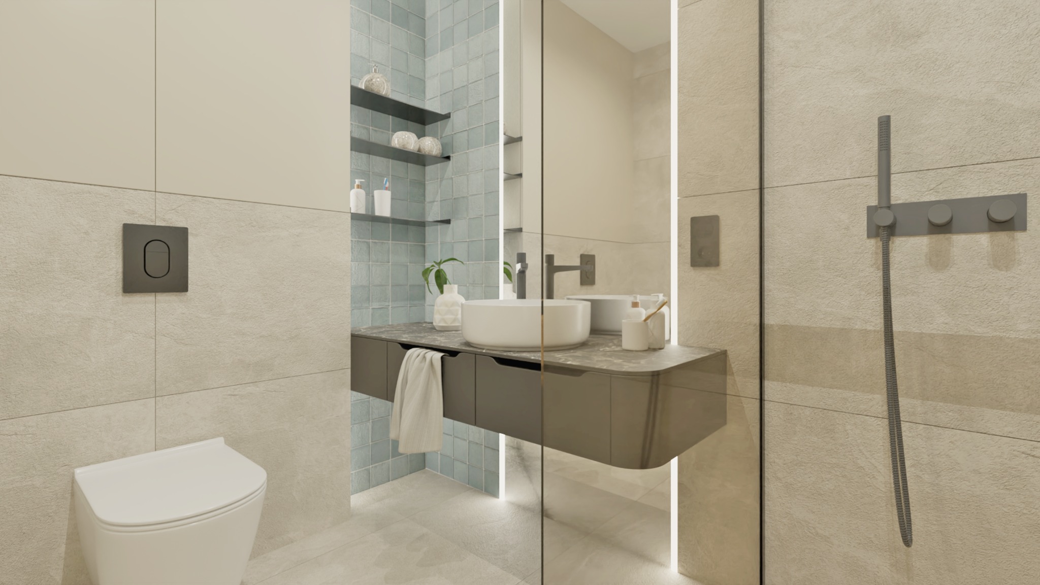 Nowoczesna łazienka z podświetlaną umywalką, szarą armaturą i płytkami w odcieniach beżu i błękitu. Minimalistyczne półki z dekoracjami.