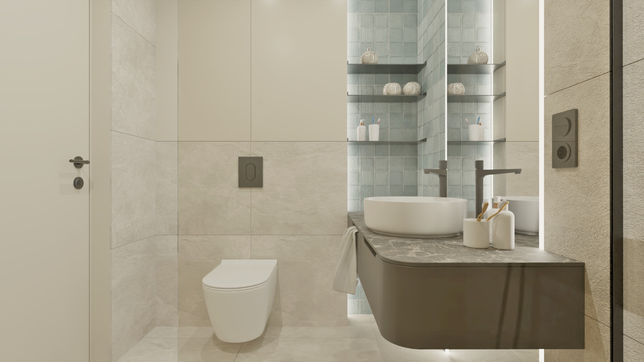 Nowoczesna łazienka z umywalką nablatową, toaletą i półkami na ścianie z błękitnymi płytkami. Minimalistyczny design, jasne kolory i oświetlenie LED.