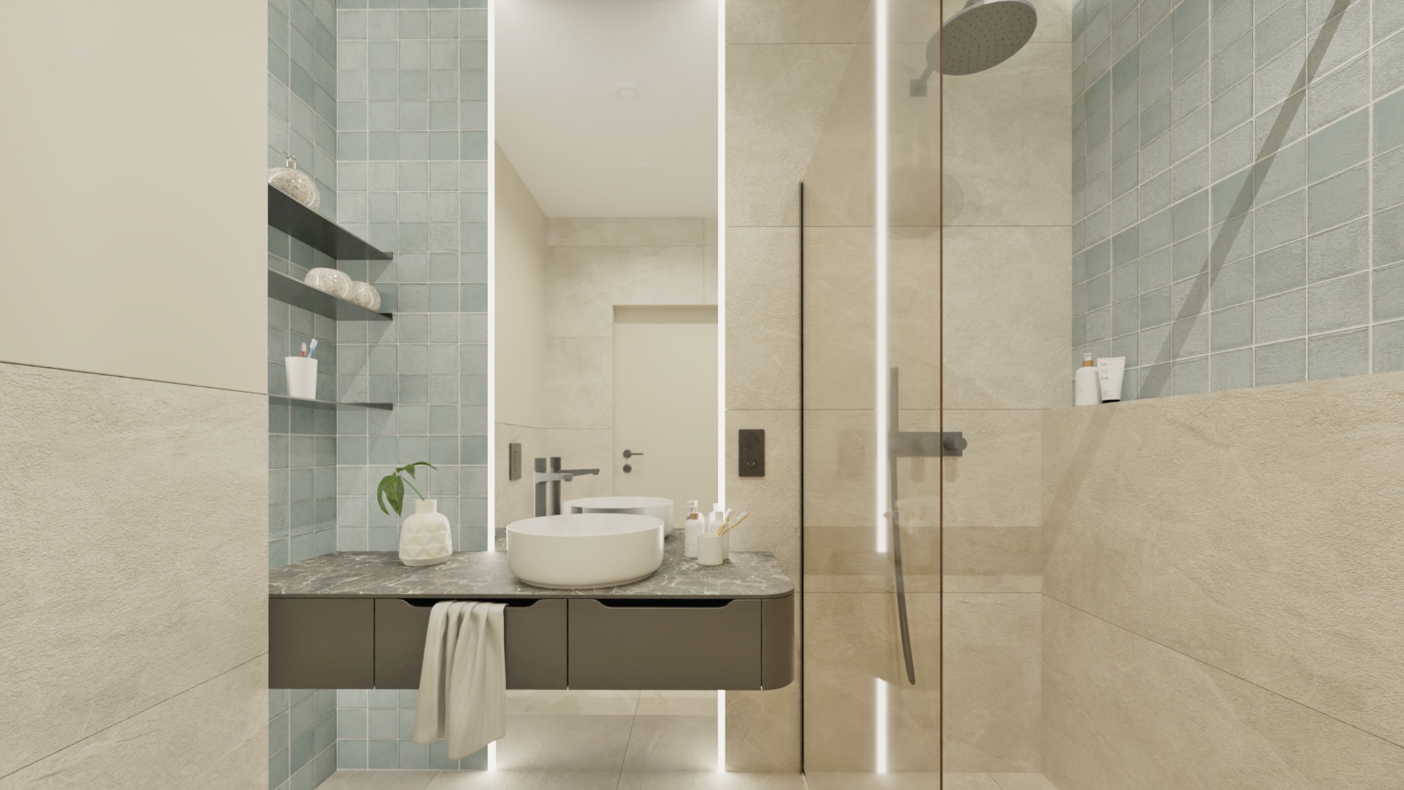 Nowoczesna łazienka z umywalką nablatową, szklaną kabiną prysznicową i turkusowymi płytkami. Minimalistyczne półki z dekoracjami i oświetlenie LED dodają elegancji.