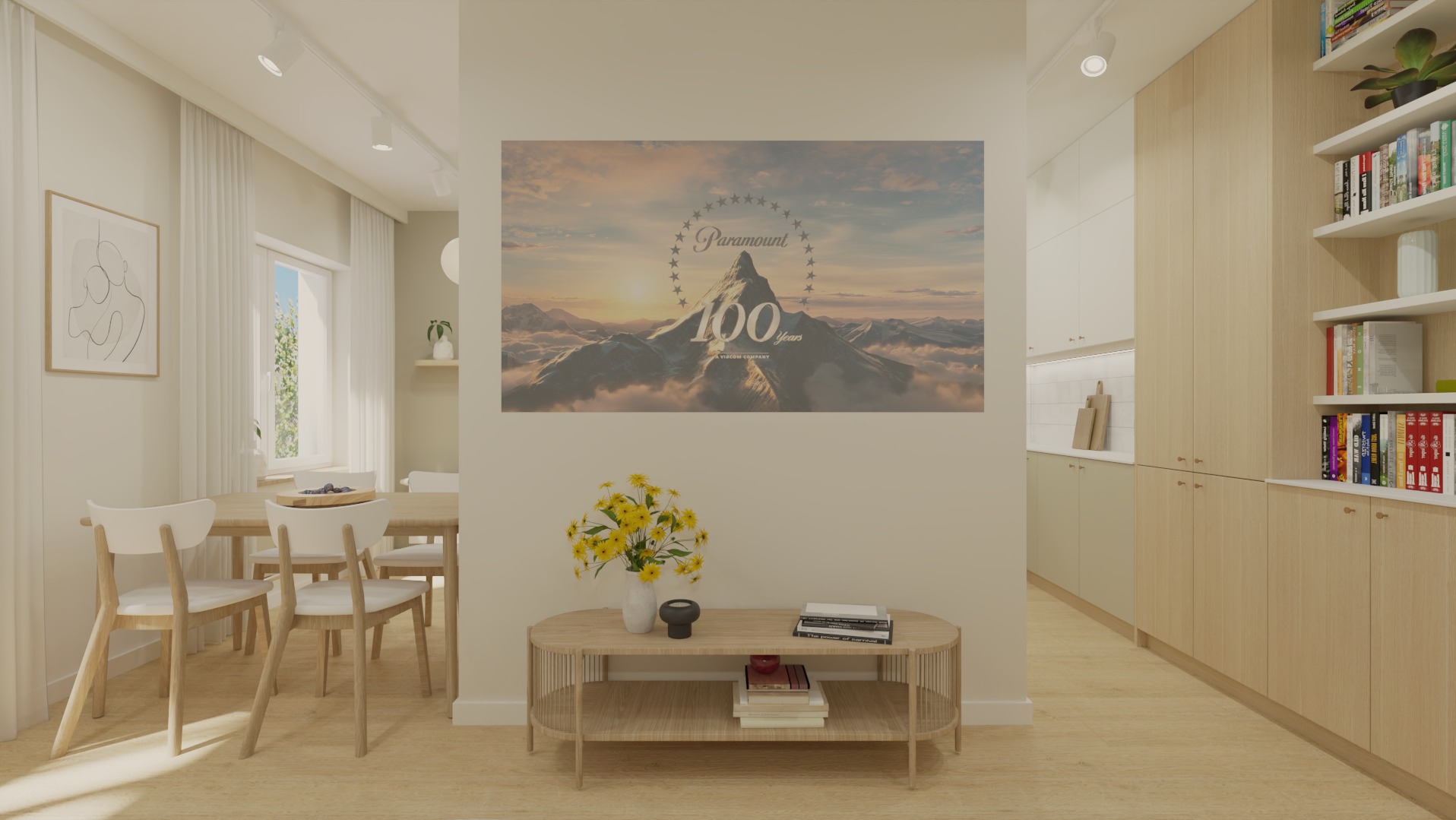 Jasne wnętrze z drewnianymi meblami: stół z krzesłami, komoda z dekoracjami i plakat Paramount na ścianie. Minimalistyczny design, ciepłe oświetlenie.