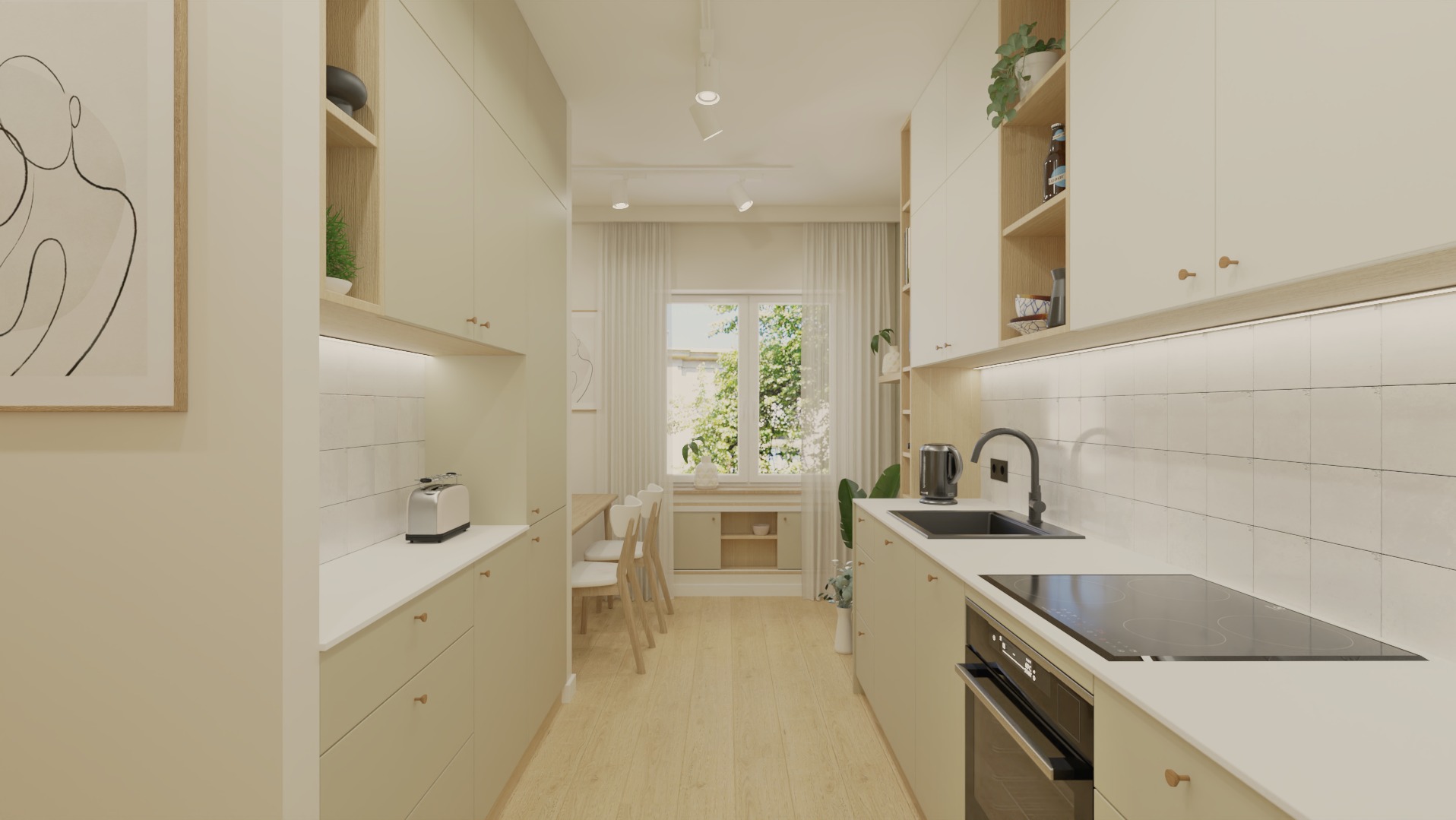 Beżowa kuchnia w stylu skandynawskim z drewnianymi akcentami, oświetleniem LED i minimalistycznym obrazem na ścianie. Widok na jadalnię przez okno.