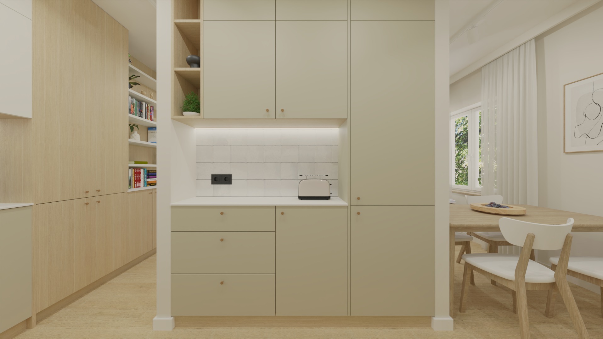 Jasna kuchnia z beżowymi szafkami, białymi płytkami i drewnianymi elementami. W tle stół jadalny i okno z widokiem na zieleń. Minimalistyczny design.