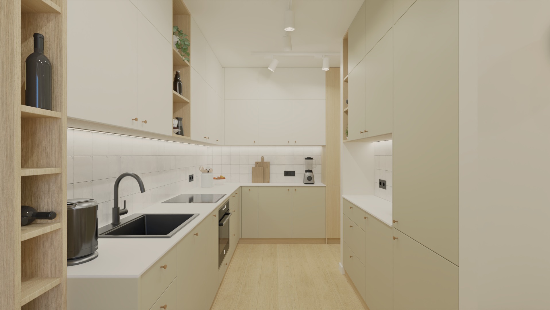 Beżowa kuchnia w stylu minimalistycznym z drewnianymi akcentami, oświetleniem LED pod szafkami i drewnianą podłogą. Widoczny zlew, płyta indukcyjna i półki.