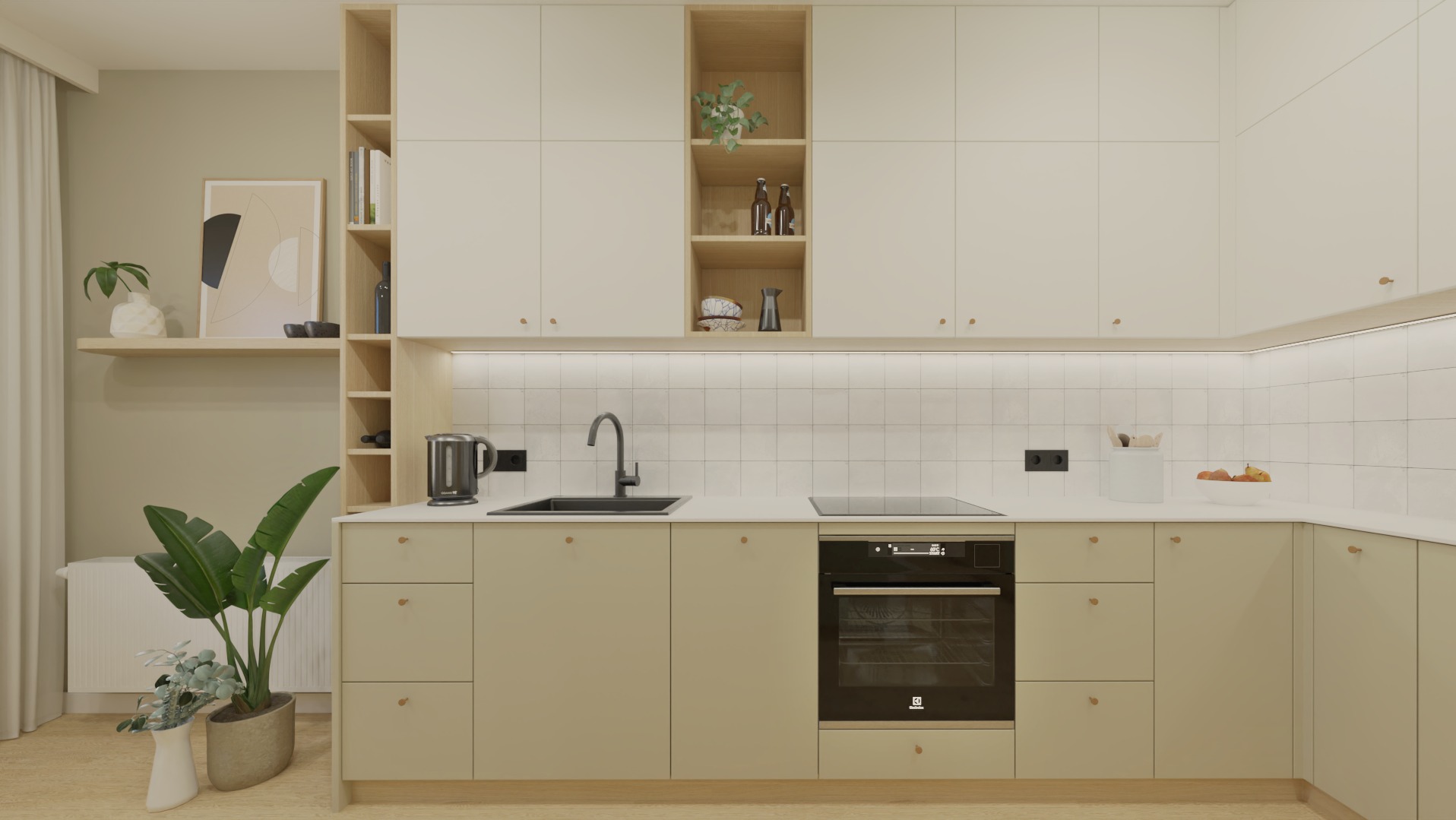Jasna kuchnia w stylu minimalistycznym: beżowe szafki, białe płytki, czarny zlew i sprzęt AGD. Dodatki: rośliny, dekoracje na półkach.