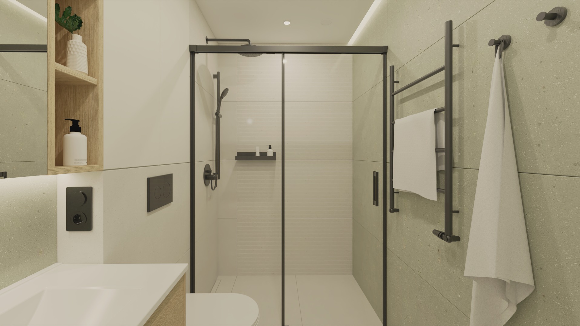 Nowoczesna łazienka z kabiną prysznicową w czarnej ramie, grzejnikiem drabinkowym i beżowymi płytkami. Minimalistyczny wystrój z drewnianymi akcentami.