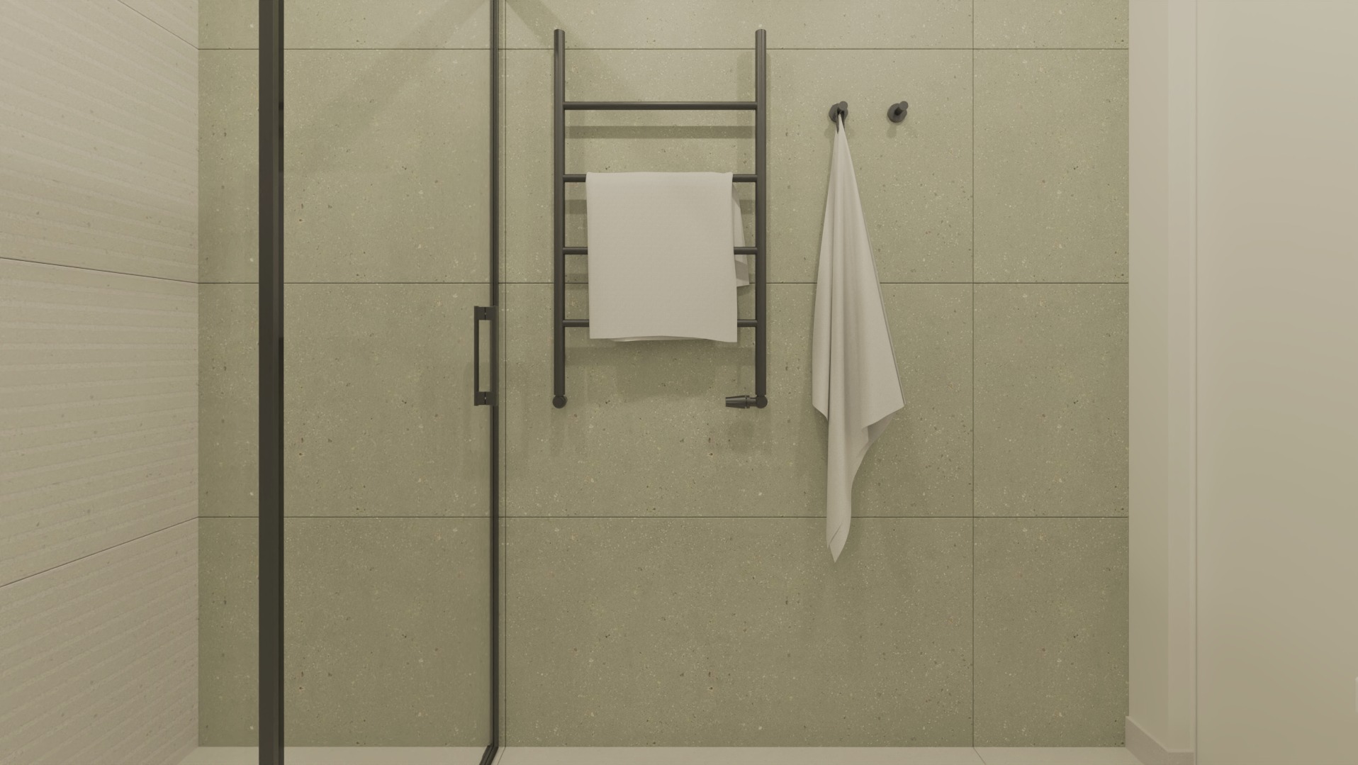 Minimalistyczna łazienka z kabiną prysznicową, grzejnikiem drabinkowym i ręcznikami na tle ściany wyłożonej płytkami w odcieniach zieleni z delikatnym wzorem.