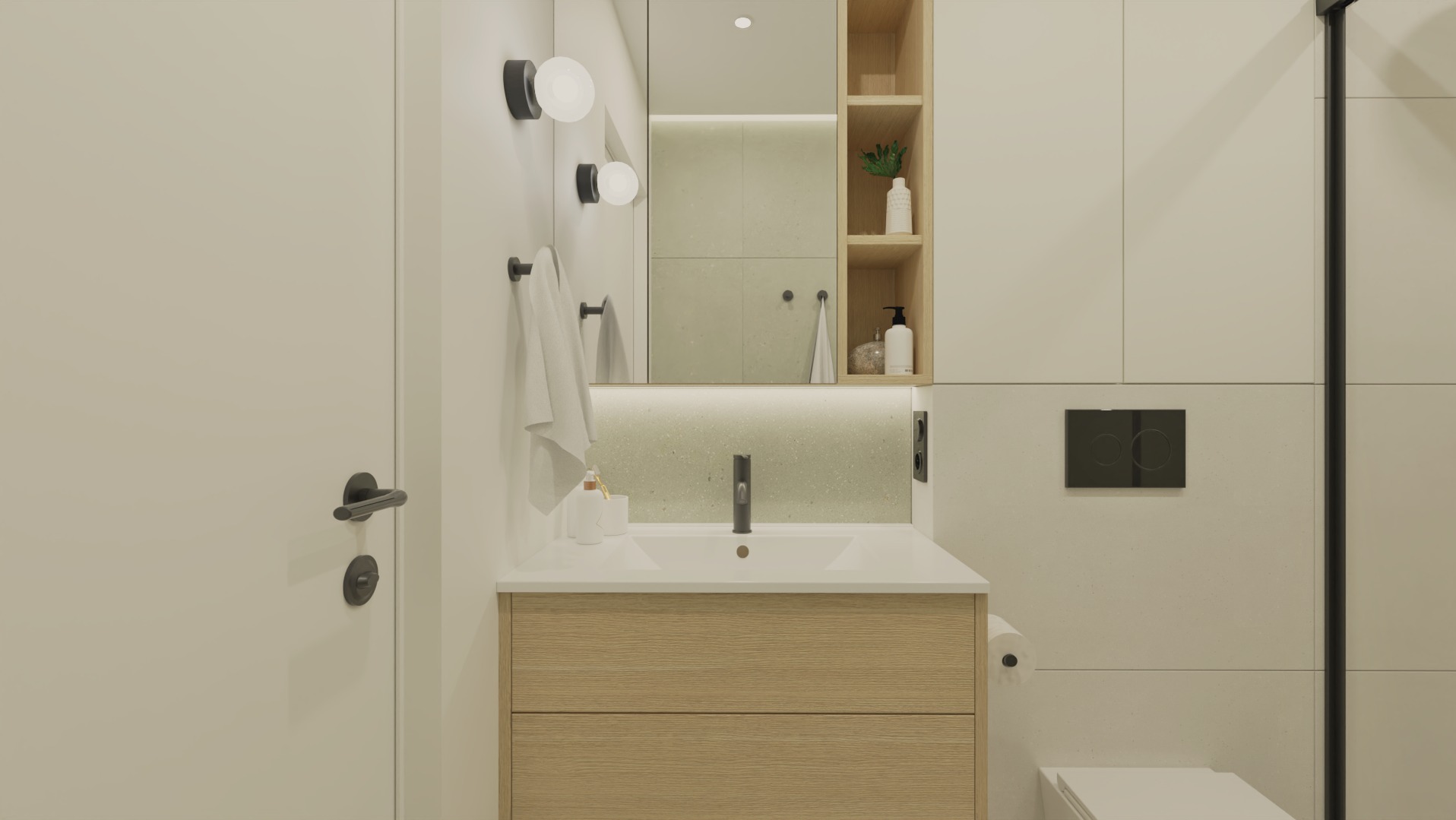 Nowoczesna łazienka w jasnych barwach: drewniana szafka pod umywalką, minimalistyczna armatura, okrągłe lampy i lustro z półkami. Widoczna toaleta i drzwi.