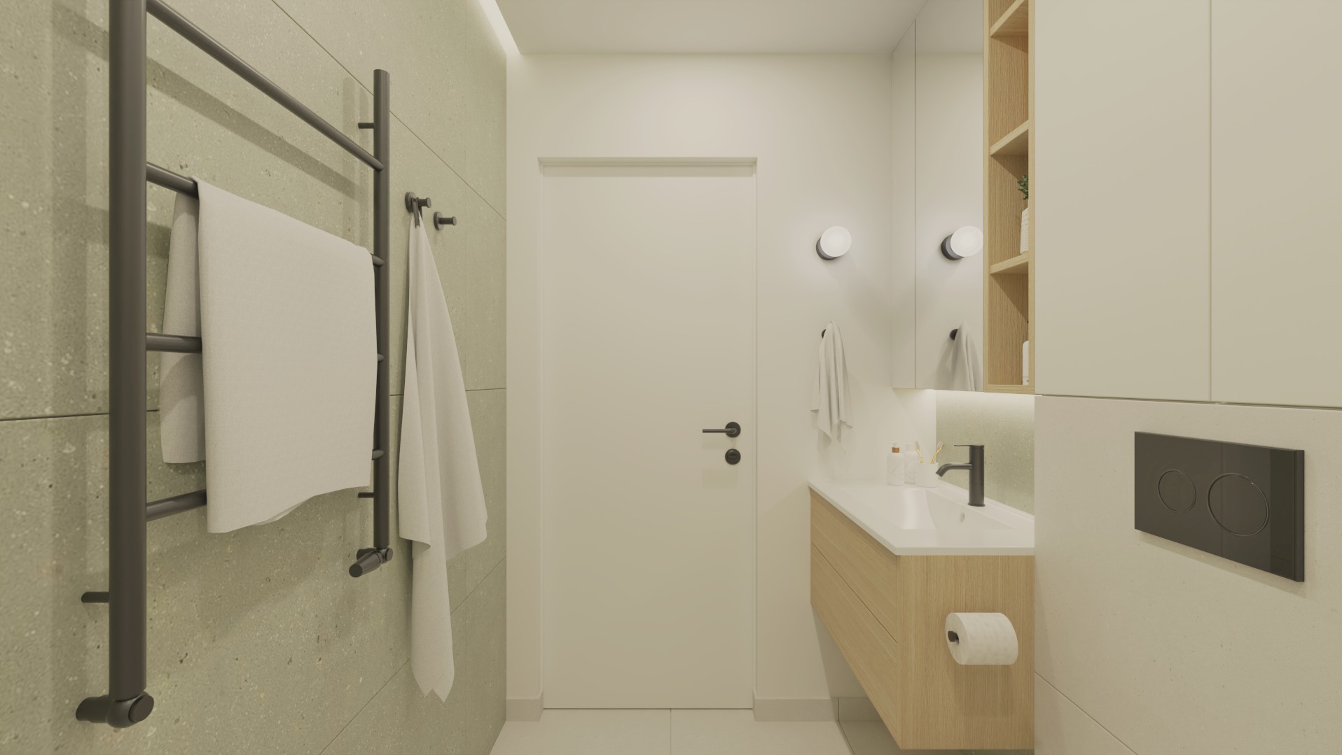 Nowoczesna łazienka z beżowymi płytkami, grzejnikiem drabinkowym na ręczniki i drewnianą szafką pod umywalką. Minimalistyczny styl, stonowana kolorystyka.