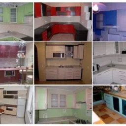 Zestawienie dziewięciu różnych kuchni: zielona z przeszklonymi szafkami, czerwono-czarna narożna, biało-niebieska z okapem, bordowa z lodówką, beżowa z mikrofalówką, biała z czajnikiem...