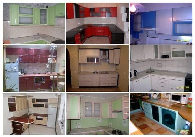 Zestawienie dziewięciu różnych kuchni: zielona z przeszklonymi szafkami, czerwono-czarna narożna, biało-niebieska z okapem, bordowa z lodówką, beżowa z mikrofalówką, biała z czajnikiem...