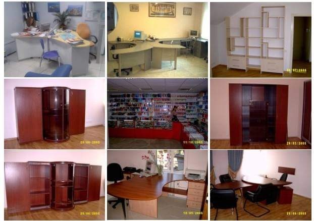 Zestaw zdjęć przedstawiających różnorodne meble: biurka, szafy wnękowe, regały, witryny, ukazane w różnych pomieszczeniach i stylach.