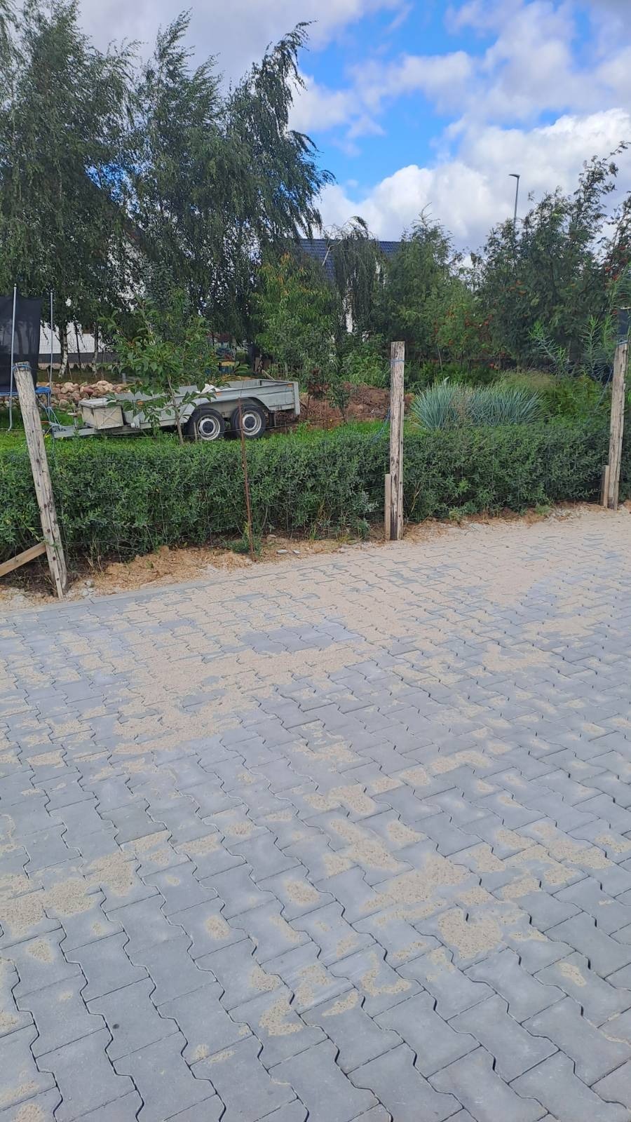 Szara kostka brukowa ułożona na podjeździe, z widocznym piaskiem wypełniającym szczeliny, w tle zieleń krzewów i drzew oraz przyczepa.