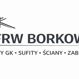 FIRMA REMONTOWO-WYKOŃCZENIOWA BORKOWSKI ŁUKASZ - Logo firmy FRW Borkowski z graficznym symbolem domu i tekstem: Systemy GK, Sufity, Ściany, Zabudowy. Minimalistyczny design w odcieniach szarości na białym tle.