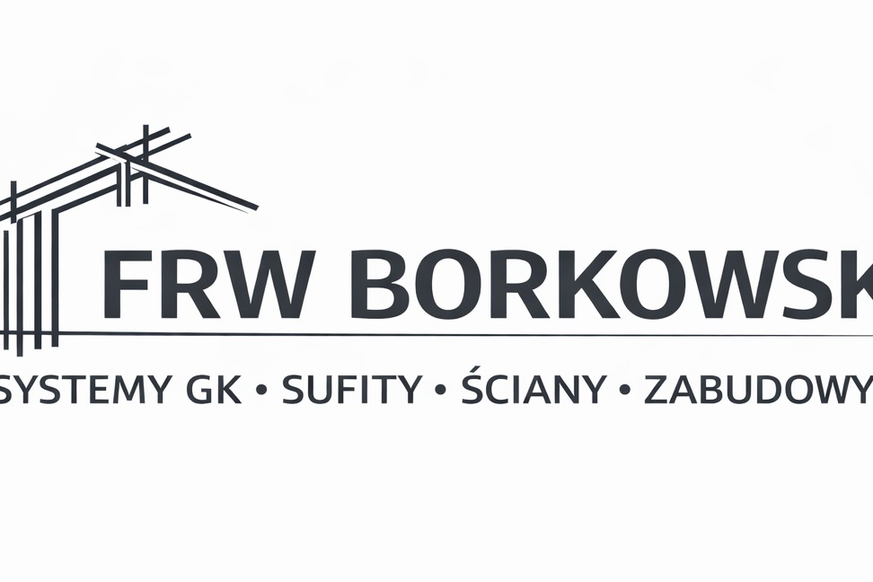 Logo firmy FRW Borkowski z graficznym symbolem domu i tekstem: Systemy GK, Sufity, Ściany, Zabudowy. Minimalistyczny design w odcieniach szarości na białym tle.