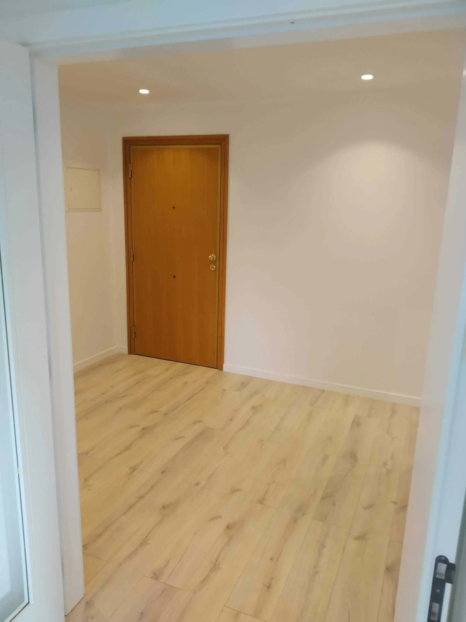 Wnętrze pustego, odświeżonego pokoju z panelami podłogowymi w odcieniach beżu i brązu, widok na drewniane drzwi wejściowe i białe ściany oświetlone punktowymi lampami sufitowymi.