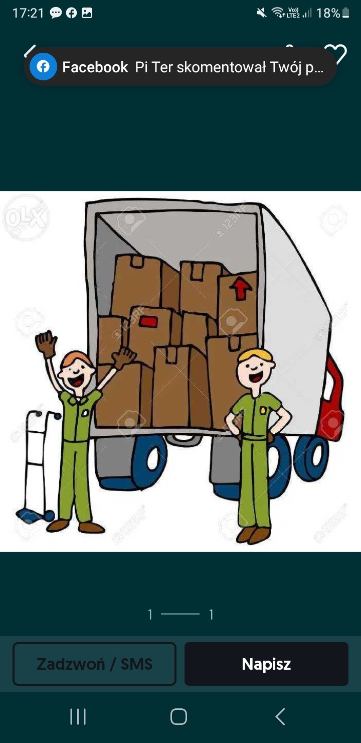 Ilustracja przedstawiająca dwóch uśmiechniętych pracowników w zielonych kombinezonach, stojących obok furgonetki wypełnionej kartonami, sugerująca usługę przeprowadzek.