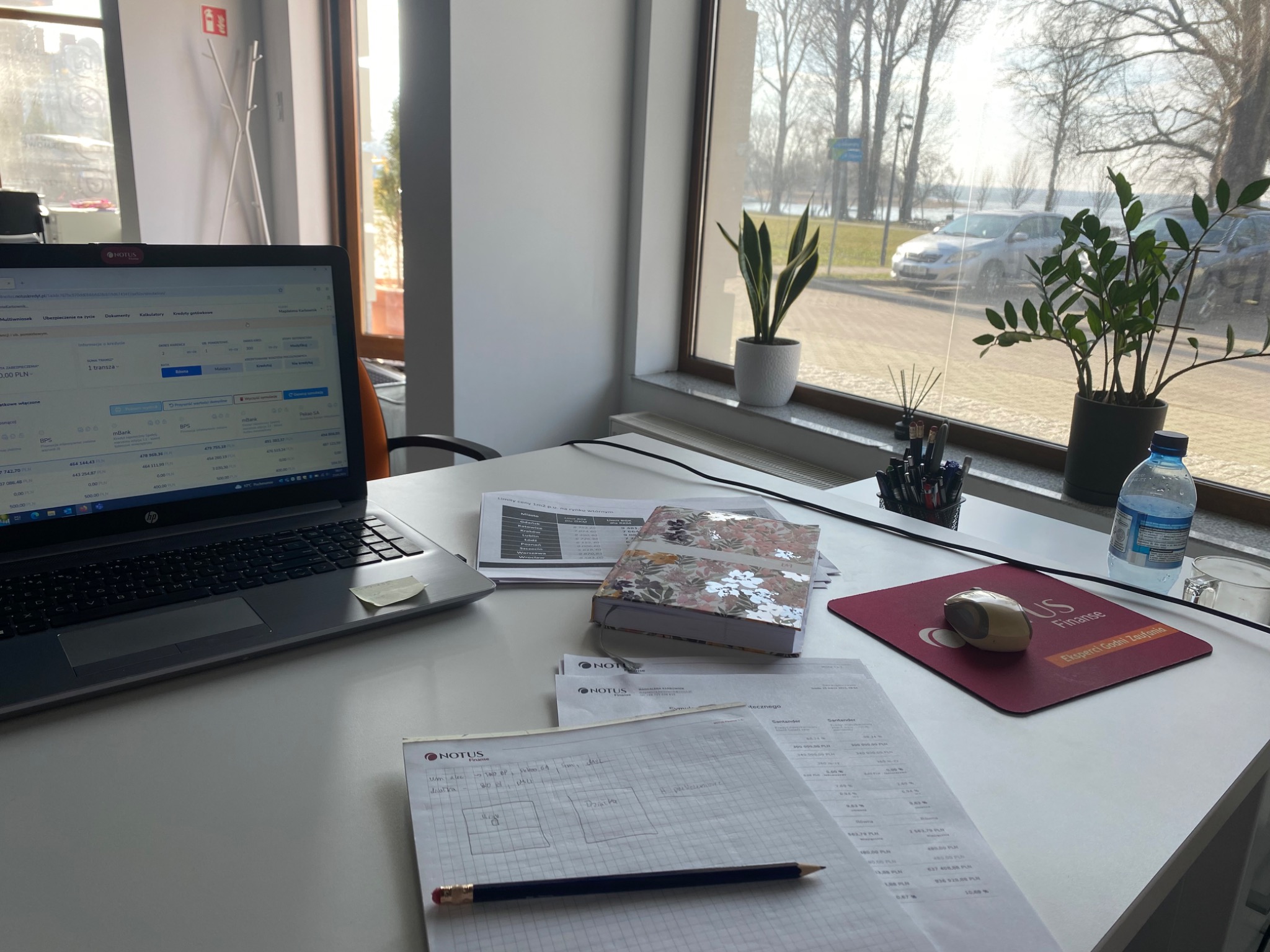 Biurko z laptopem wyświetlającym dane finansowe, notatkami, długopisem, myszką na podkładce z logo firmy finansowej, roślinami w doniczkach na tle okna z widokiem na jezioro.