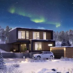 Nowoczesny dom z garażem w zimowym krajobrazie, oświetlony, z widoczną zorzą polarną na nocnym niebie. Biały SUV zaparkowany przed budynkiem.
