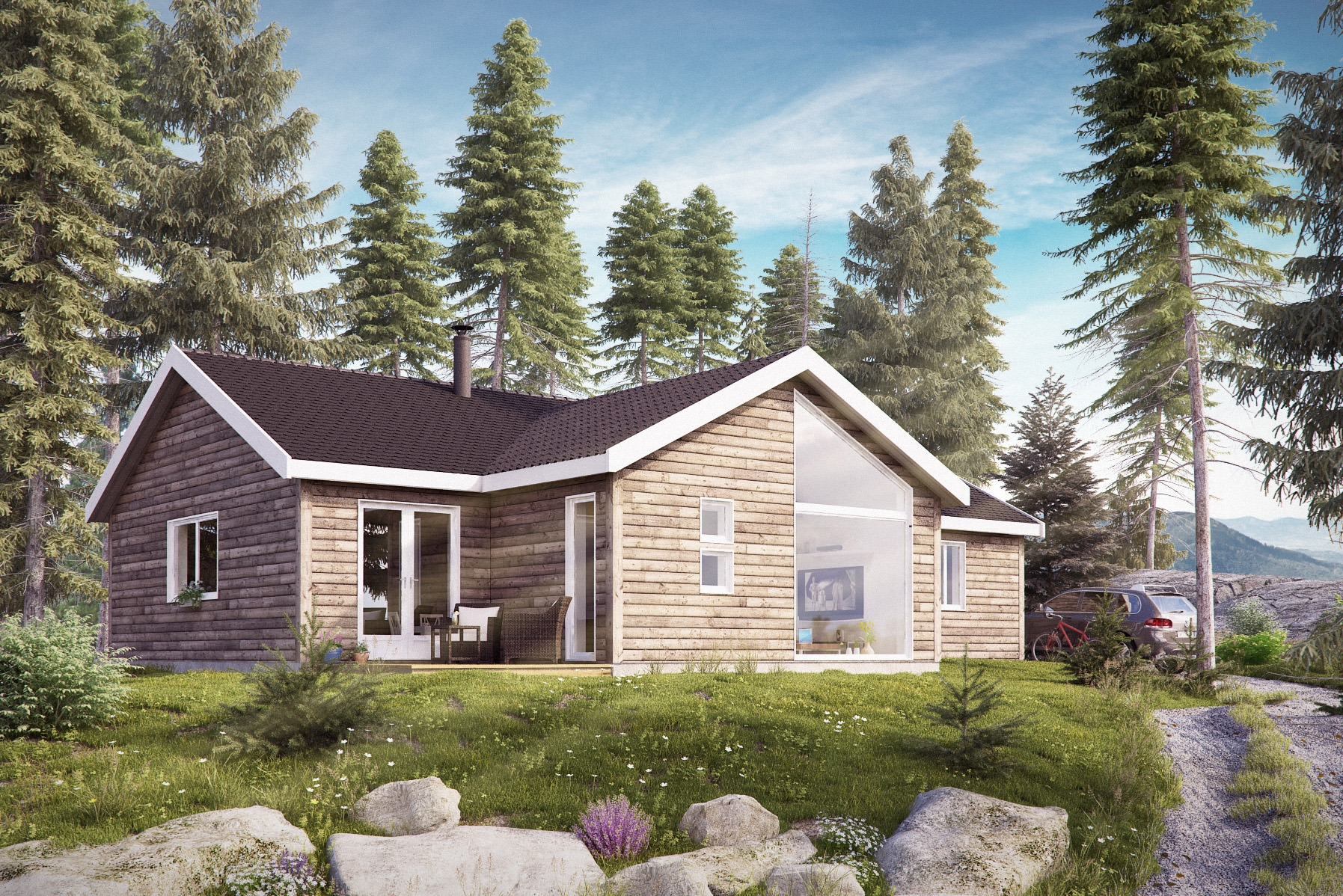 Wizualizacja drewnianego domu z dużym oknem i samochodem w tle, otoczonego lasem iglastym, prezentująca projekt architektoniczny w naturalnym otoczeniu.