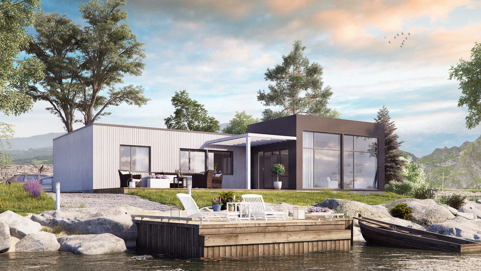Wizualizacja nowoczesnego domu modułowego z tarasem nad wodą. Minimalistyczna architektura z dużymi przeszkleniami i elementami drewna. Widok na jezioro i góry w tle, spokojna atmosfera.