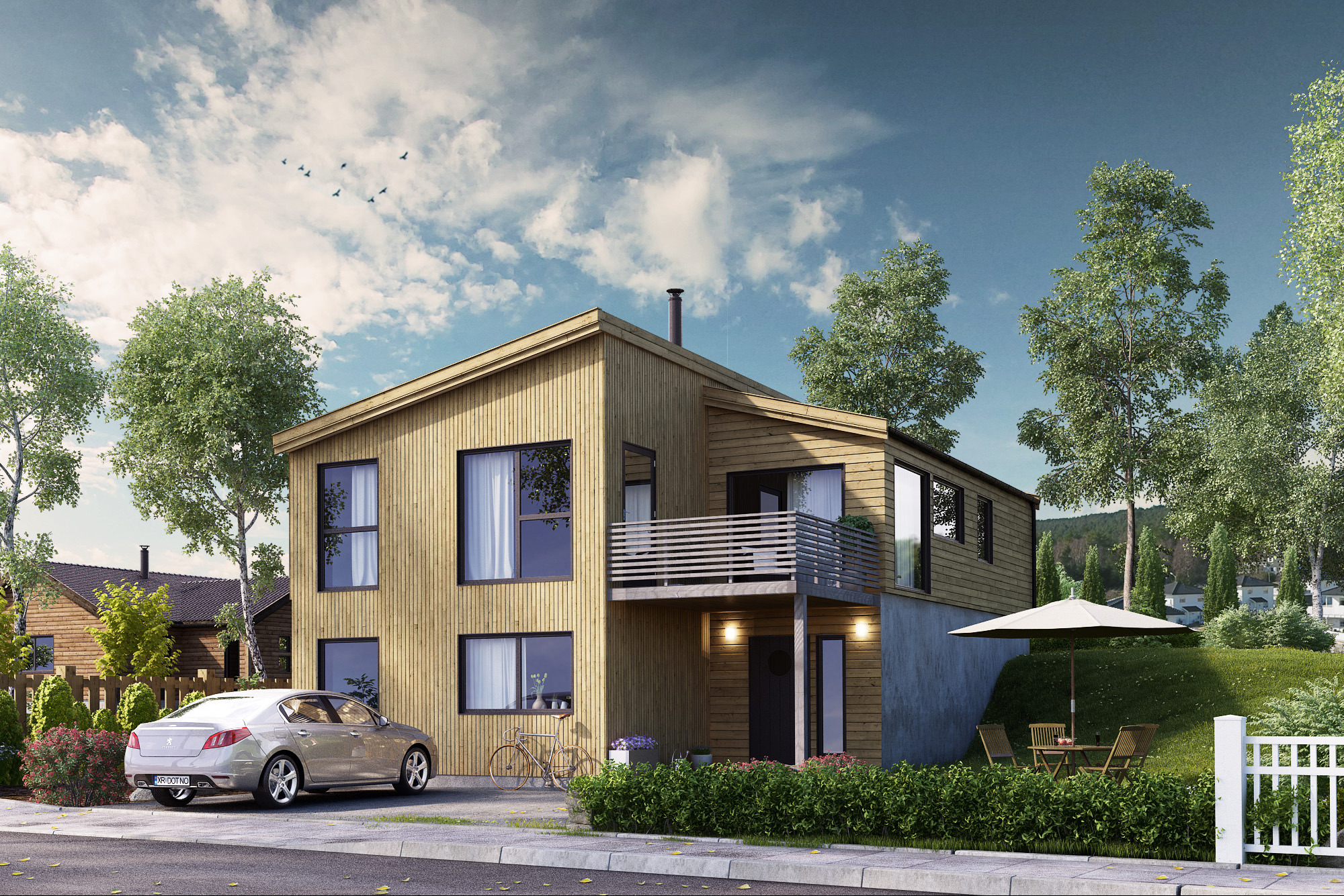 Wizualizacja domu z drewnianą elewacją, balkonem, samochodem i ogrodem. Ujęcie z niskiej perspektywy, podkreślające nowoczesny design i otoczenie budynku.