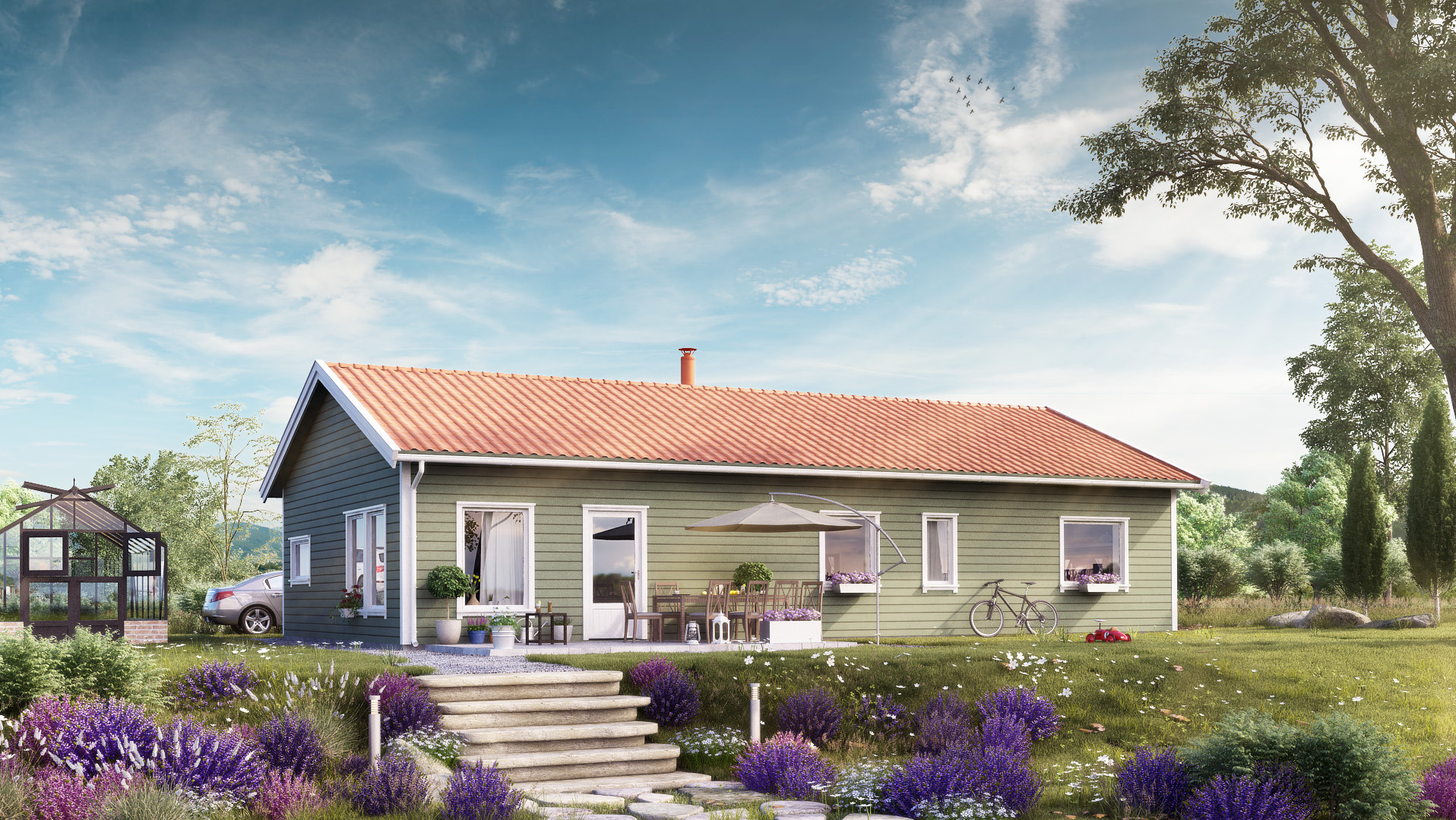 Wizualizacja domu z ogrodem, zielona elewacja, czerwony dach, kwiaty lawendy na pierwszym planie. Widoczny taras z meblami ogrodowymi i szklarnia w tle.